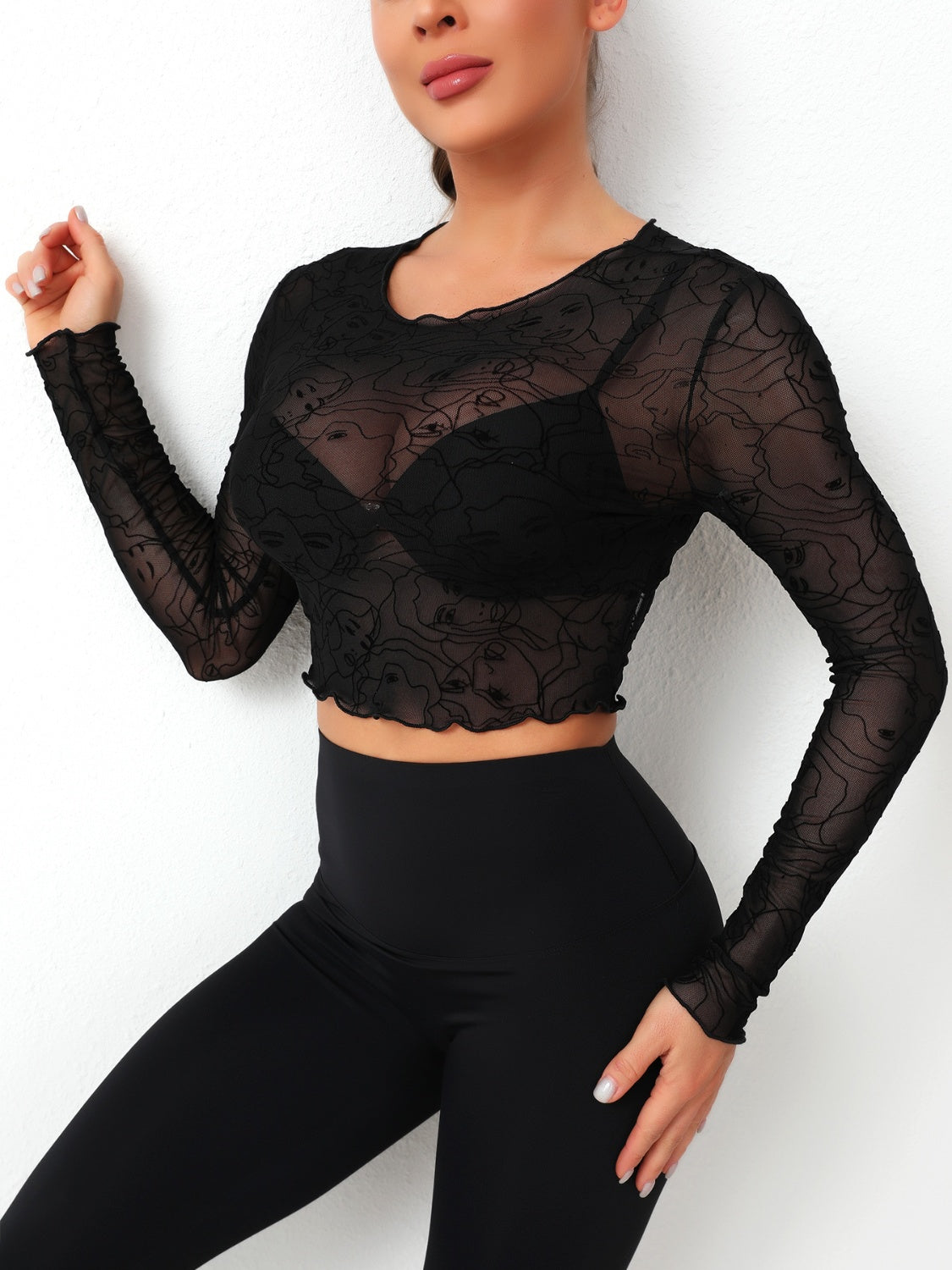 Round Neck Long Sleeve Sheer Top Black Women&