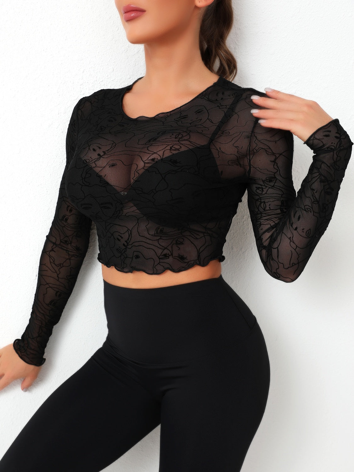 Round Neck Long Sleeve Sheer Top Black Women&