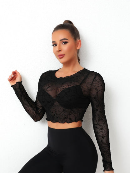 Round Neck Long Sleeve Sheer Top Black Women&