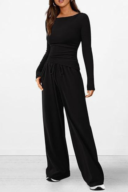 Round Neck Long Sleeve Top and Pants Set Black XS Women&