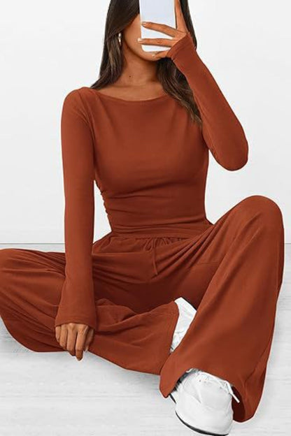 Round Neck Long Sleeve Top and Pants Set Brown XS Women&