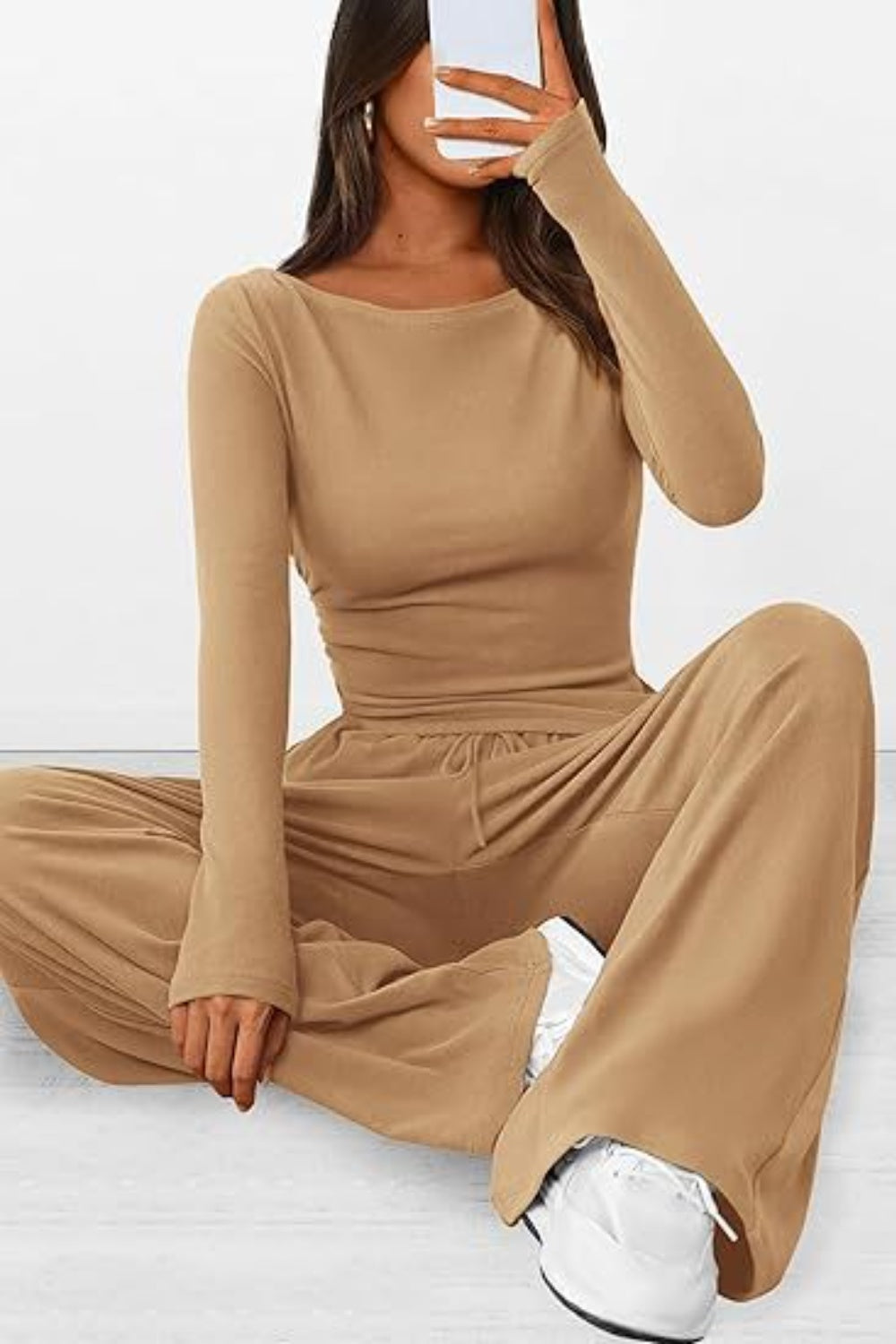 Round Neck Long Sleeve Top and Pants Set Camel XS Women&