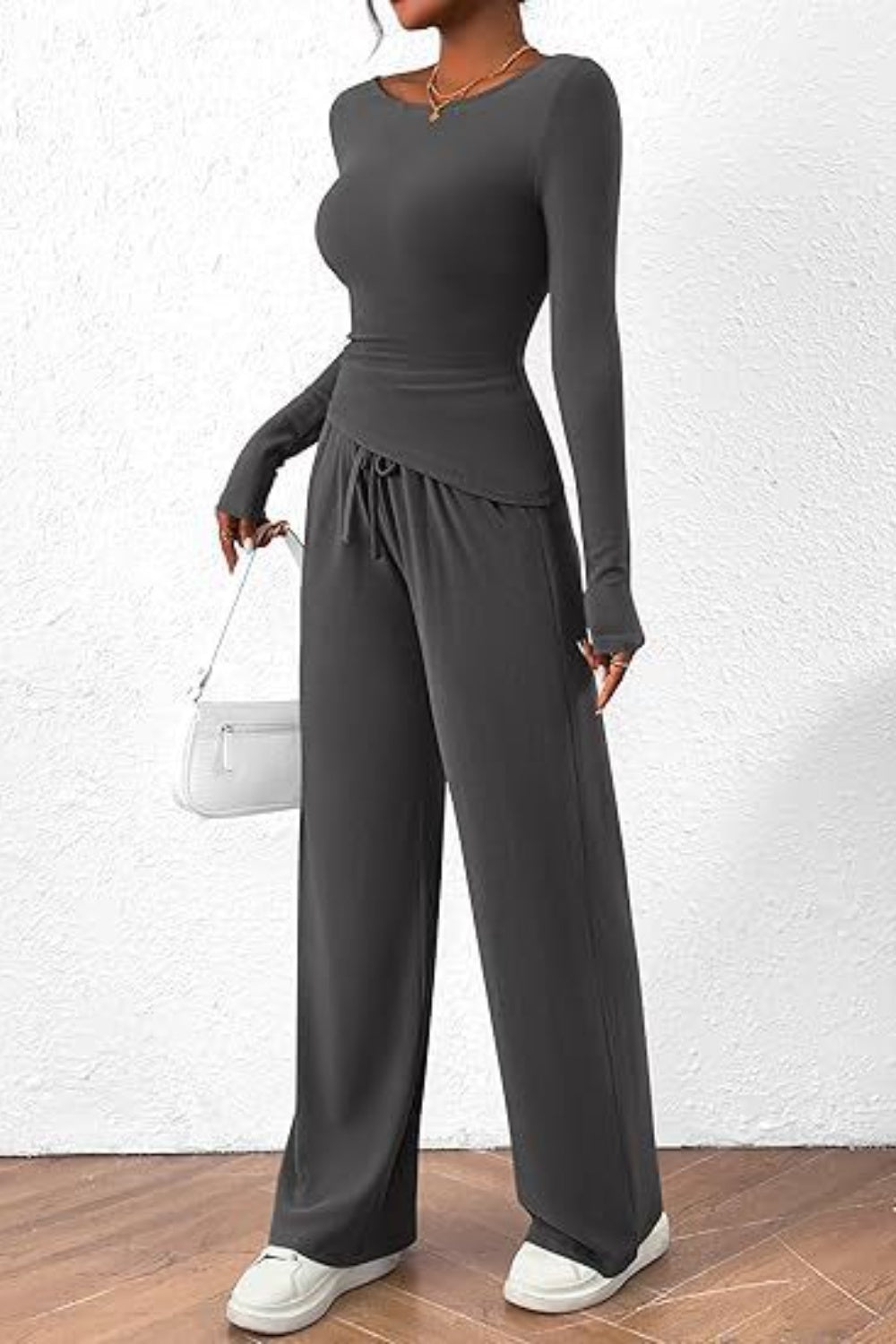 Round Neck Long Sleeve Top and Pants Set Dark Gray XS Women&