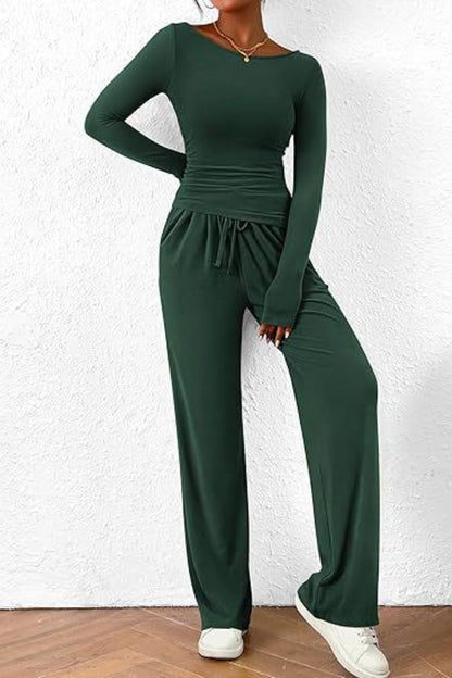 Round Neck Long Sleeve Top and Pants Set Dark Green XS Women&