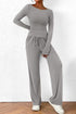 Round Neck Long Sleeve Top and Pants Set Gray XS Women&