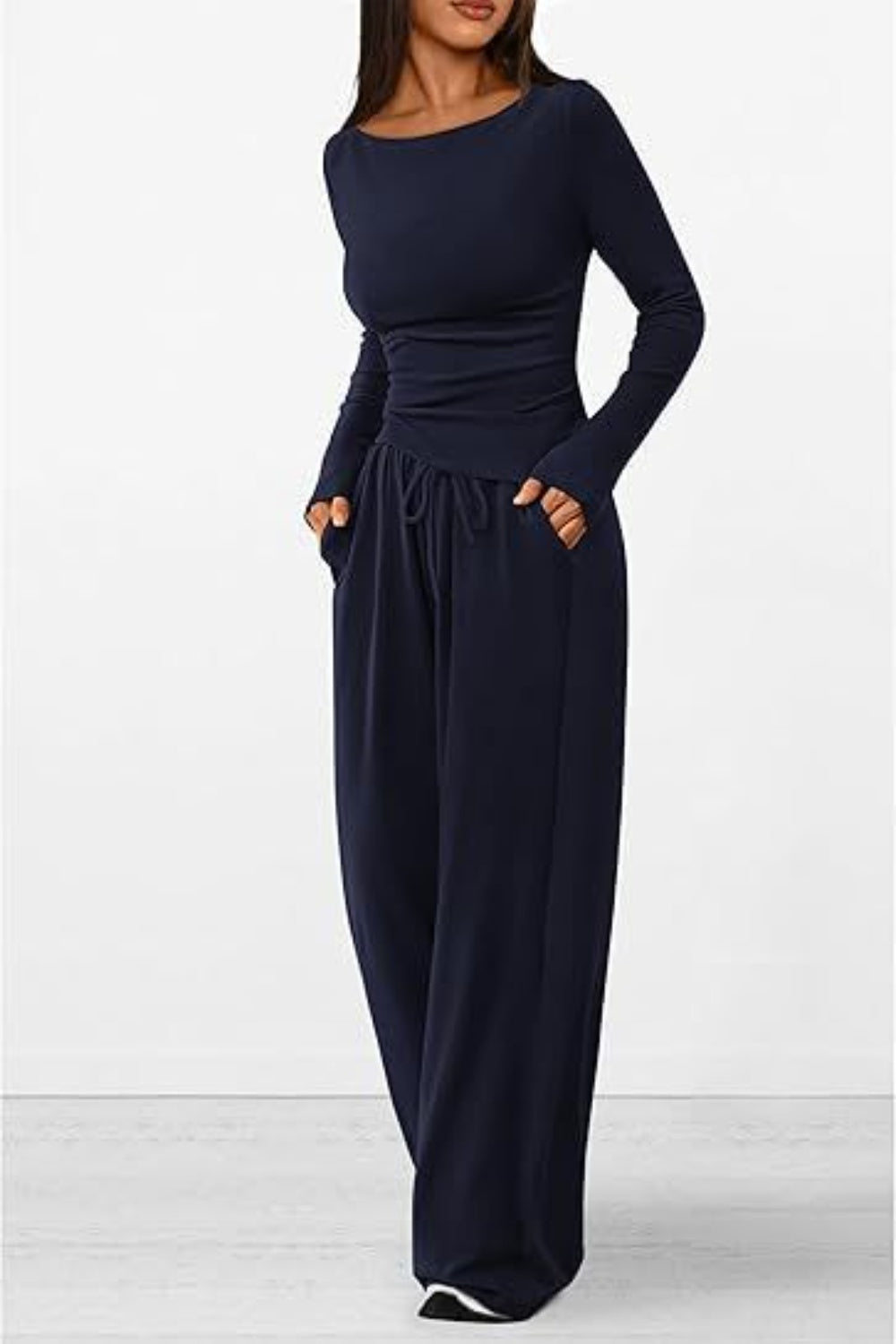 Round Neck Long Sleeve Top and Pants Set Navy XS Women&