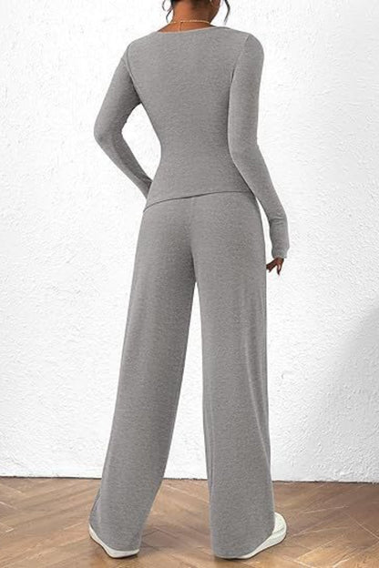 Round Neck Long Sleeve Top and Pants Set Women&