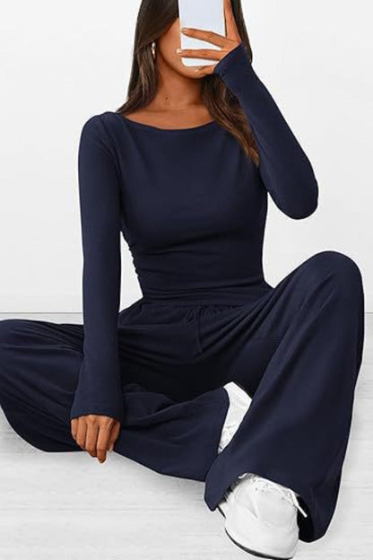 Round Neck Long Sleeve Top and Pants Set Women&