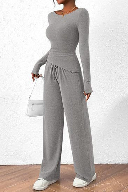 Round Neck Long Sleeve Top and Pants Set Women&