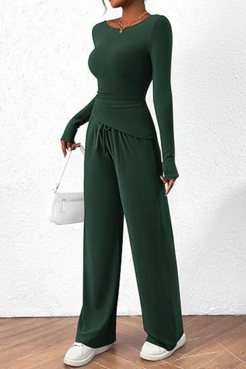 Round Neck Long Sleeve Top and Pants Set Women&