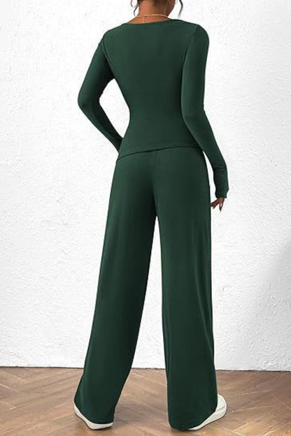 Round Neck Long Sleeve Top and Pants Set Women&