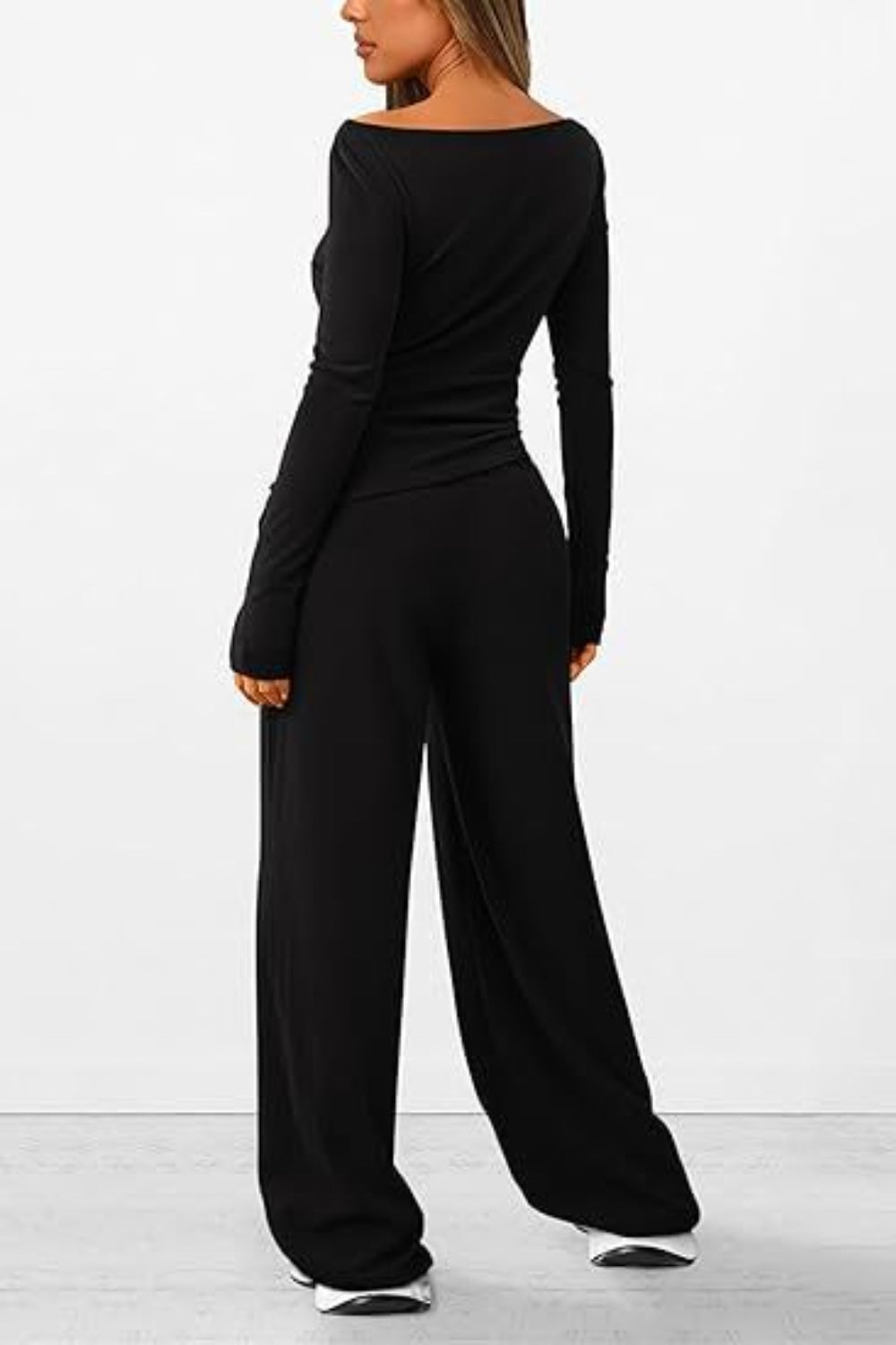 Round Neck Long Sleeve Top and Pants Set Women&