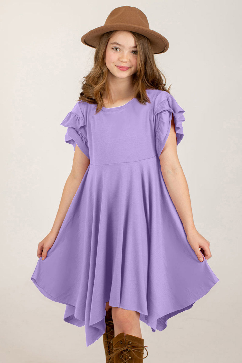 Round Neck Petal Sleeve Dress Lavender S Kids by Trendsi | Fleurcouture