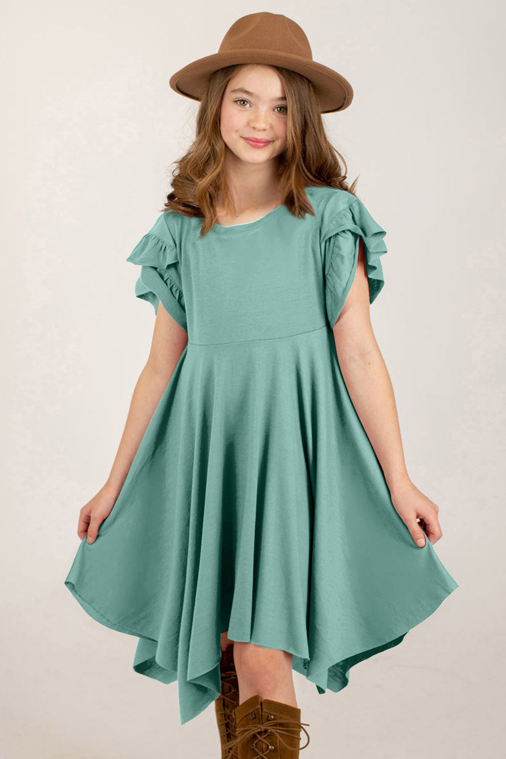 Round Neck Petal Sleeve Dress Teal S Kids by Trendsi | Fleurcouture