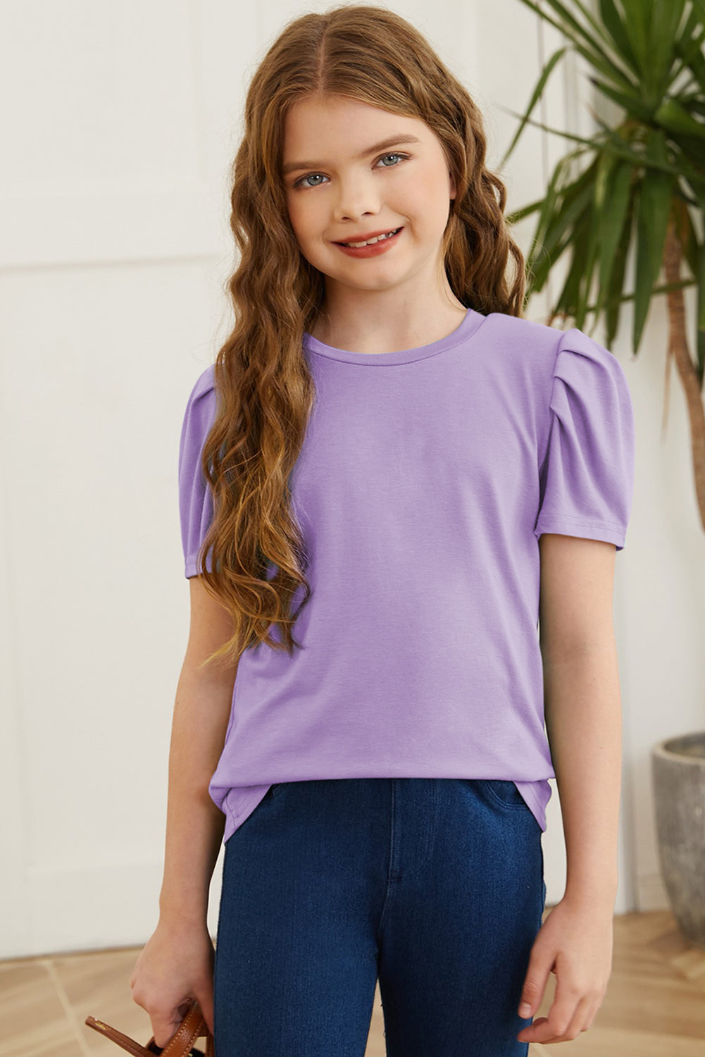 Round Neck Puff Sleeve T-Shirt Heliotrope Purple S Kids Couture by Trendsi | Fleurcouture