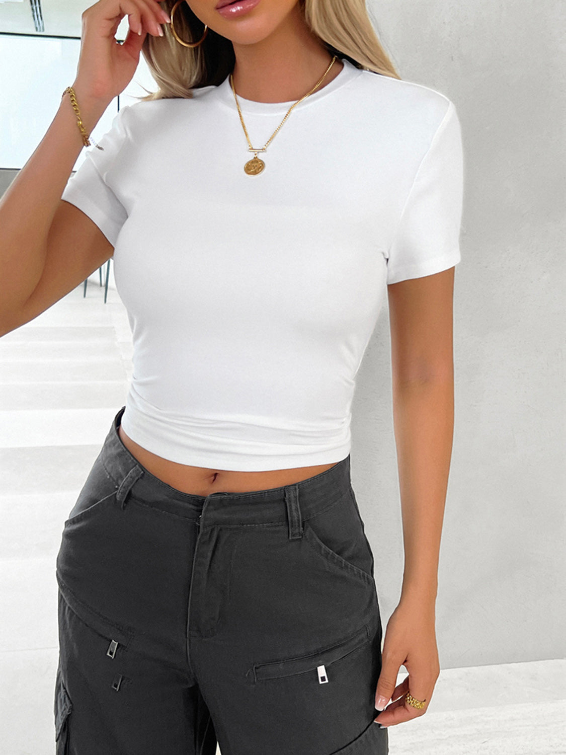 Round Neck Short Sleeve T-Shirt White S Tops by Trendsi | Fleurcouture