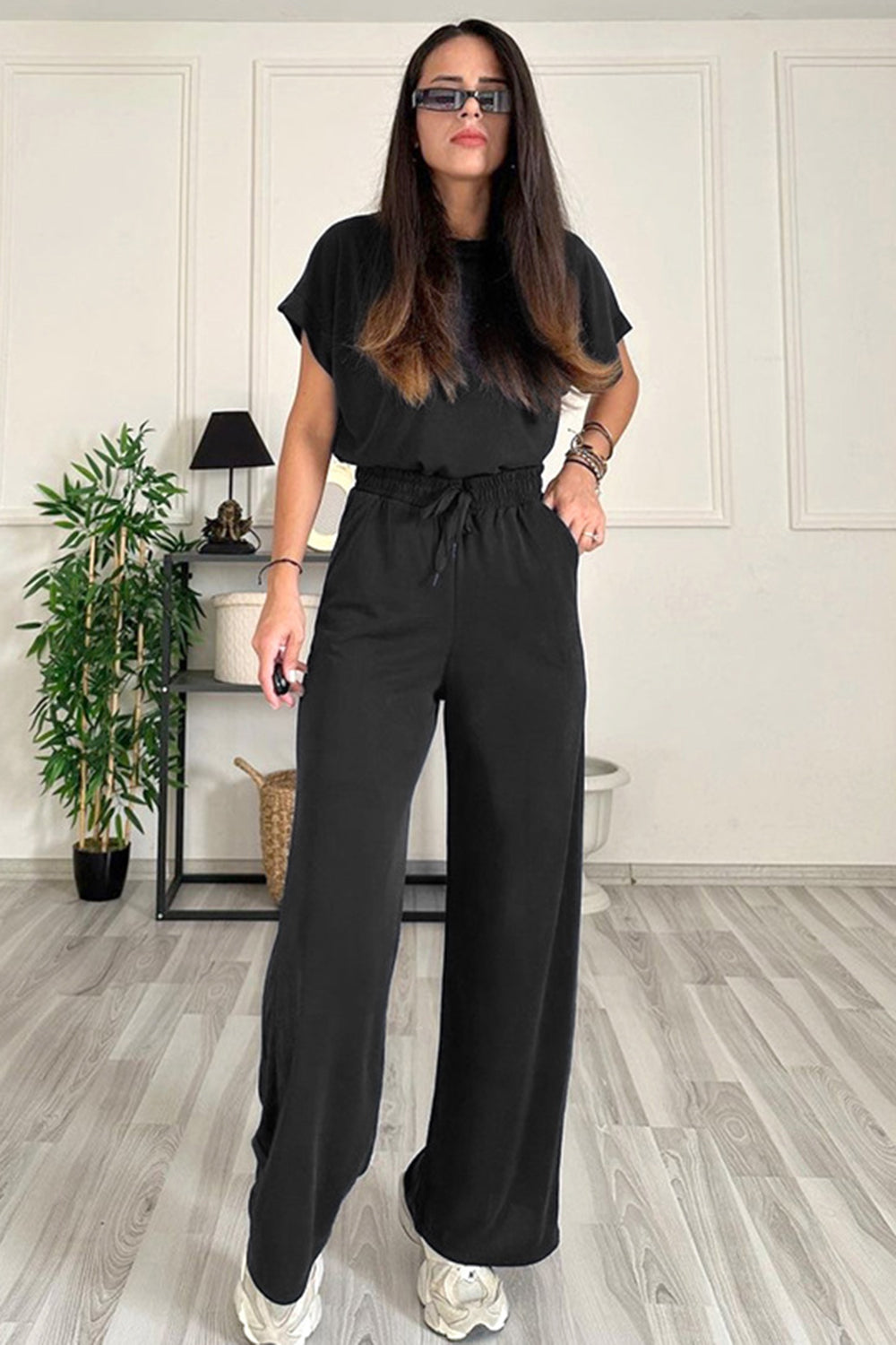 Round Neck Short Sleeve Top and Drawstring Pants Set Black S by Trendsi | Fleurcouture