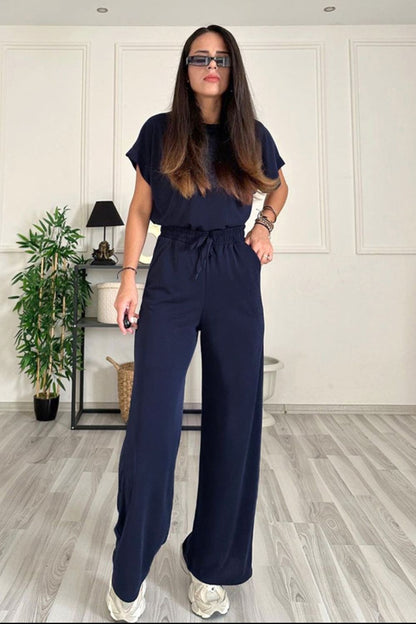 Round Neck Short Sleeve Top and Drawstring Pants Set Dark Blue S by Trendsi | Fleurcouture