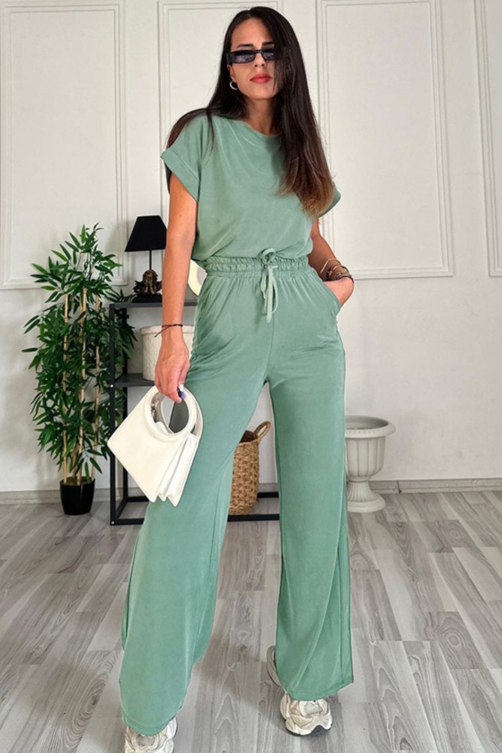 Round Neck Short Sleeve Top and Drawstring Pants Set Gum Leaf S by Trendsi | Fleurcouture