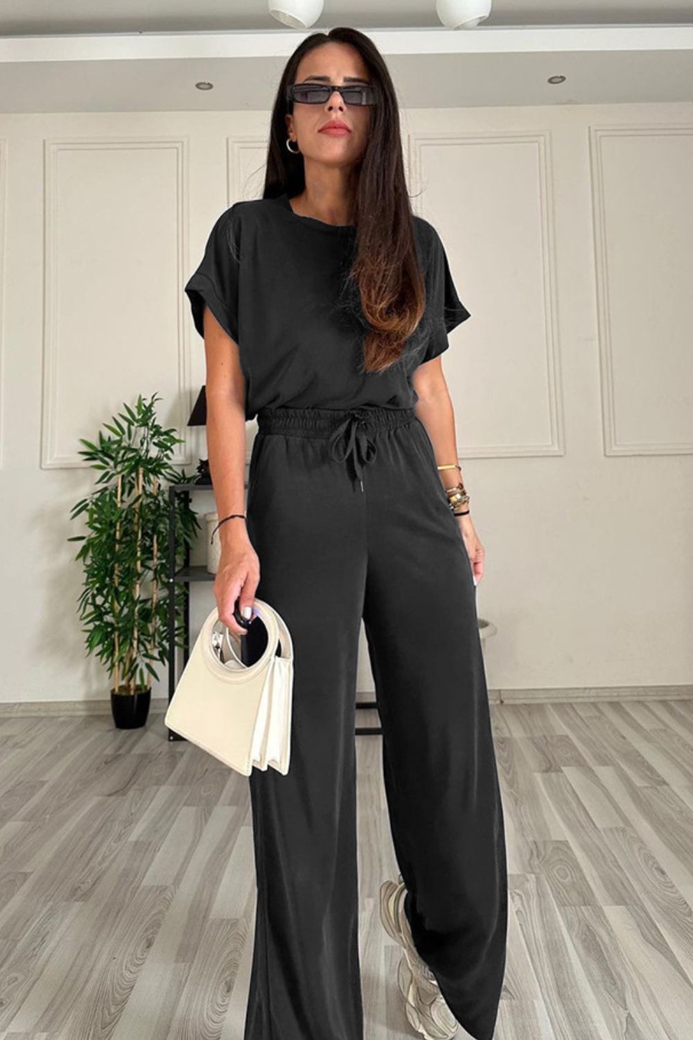 Round Neck Short Sleeve Top and Drawstring Pants Set by Trendsi | Fleurcouture