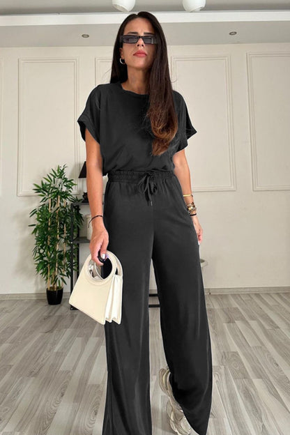 Round Neck Short Sleeve Top and Drawstring Pants Set by Trendsi | Fleurcouture