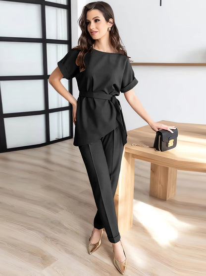 Round Neck Short Sleeve Top and Pants Set Black S Women&