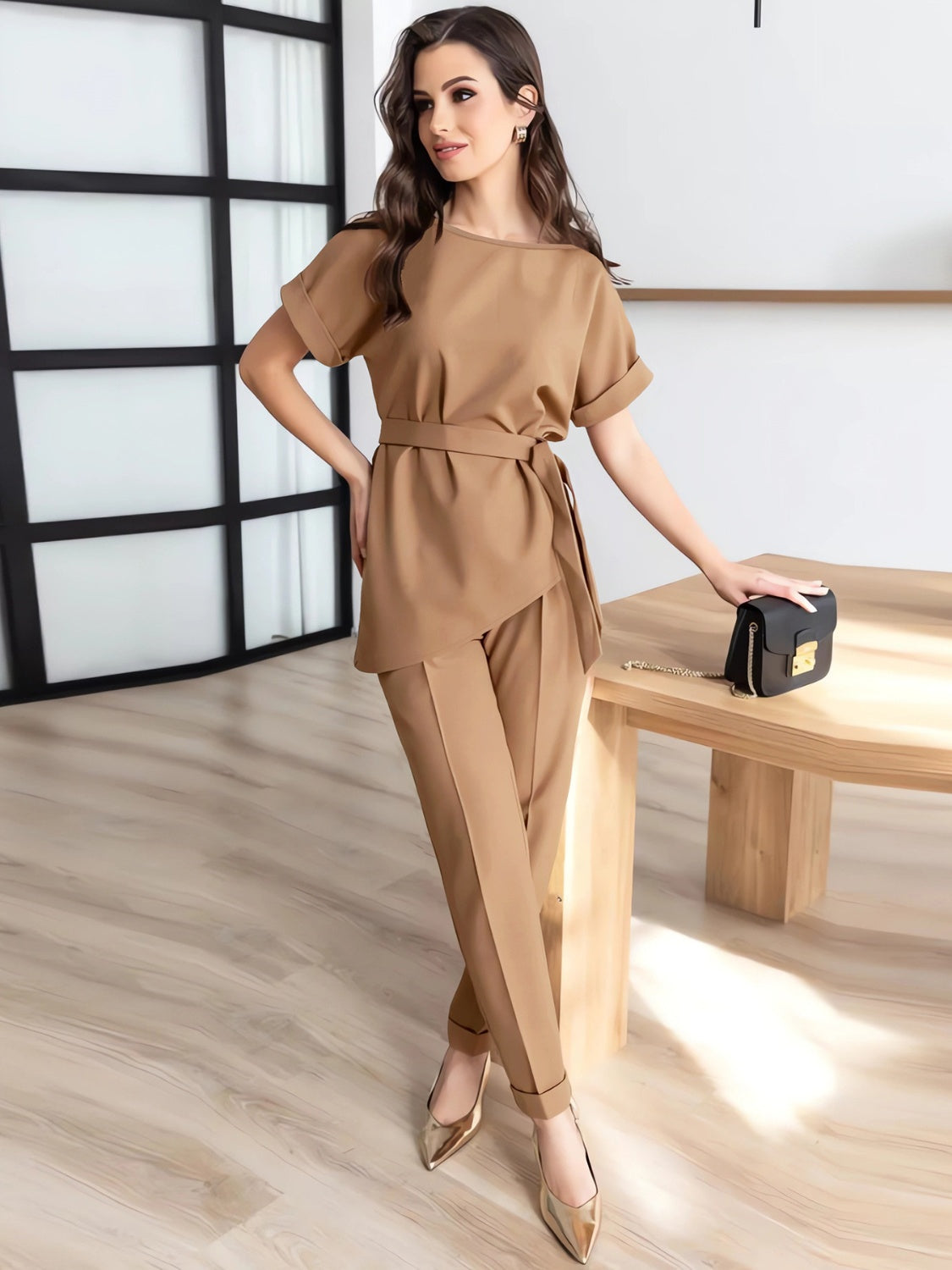 Round Neck Short Sleeve Top and Pants Set Camel S Women&