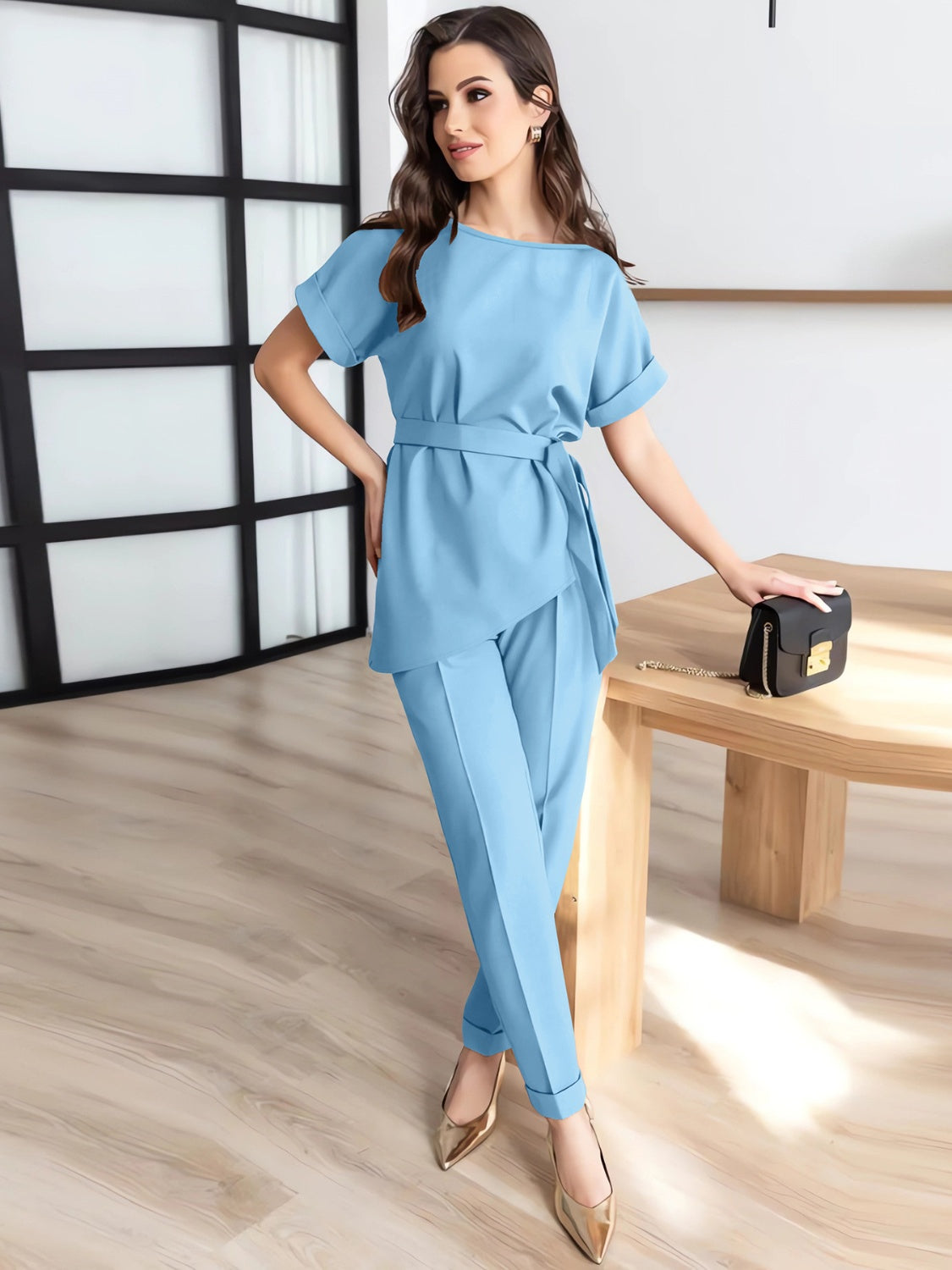 Round Neck Short Sleeve Top and Pants Set Pastel Blue S Women&