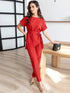 Round Neck Short Sleeve Top and Pants Set Red S Women&