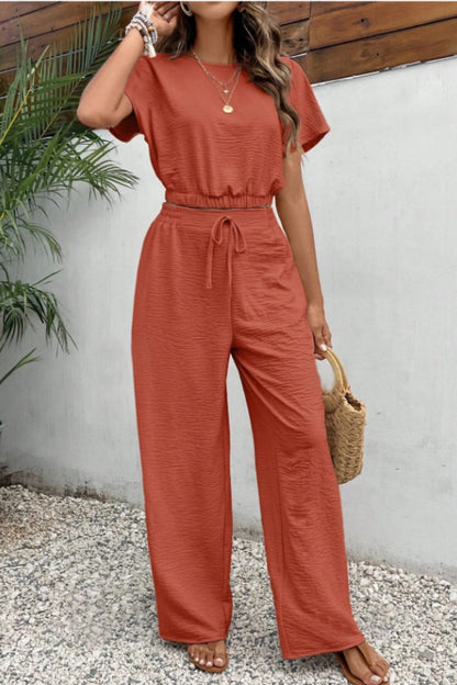 Round Neck Short Sleeve Top and Pants Set Rust S Women&