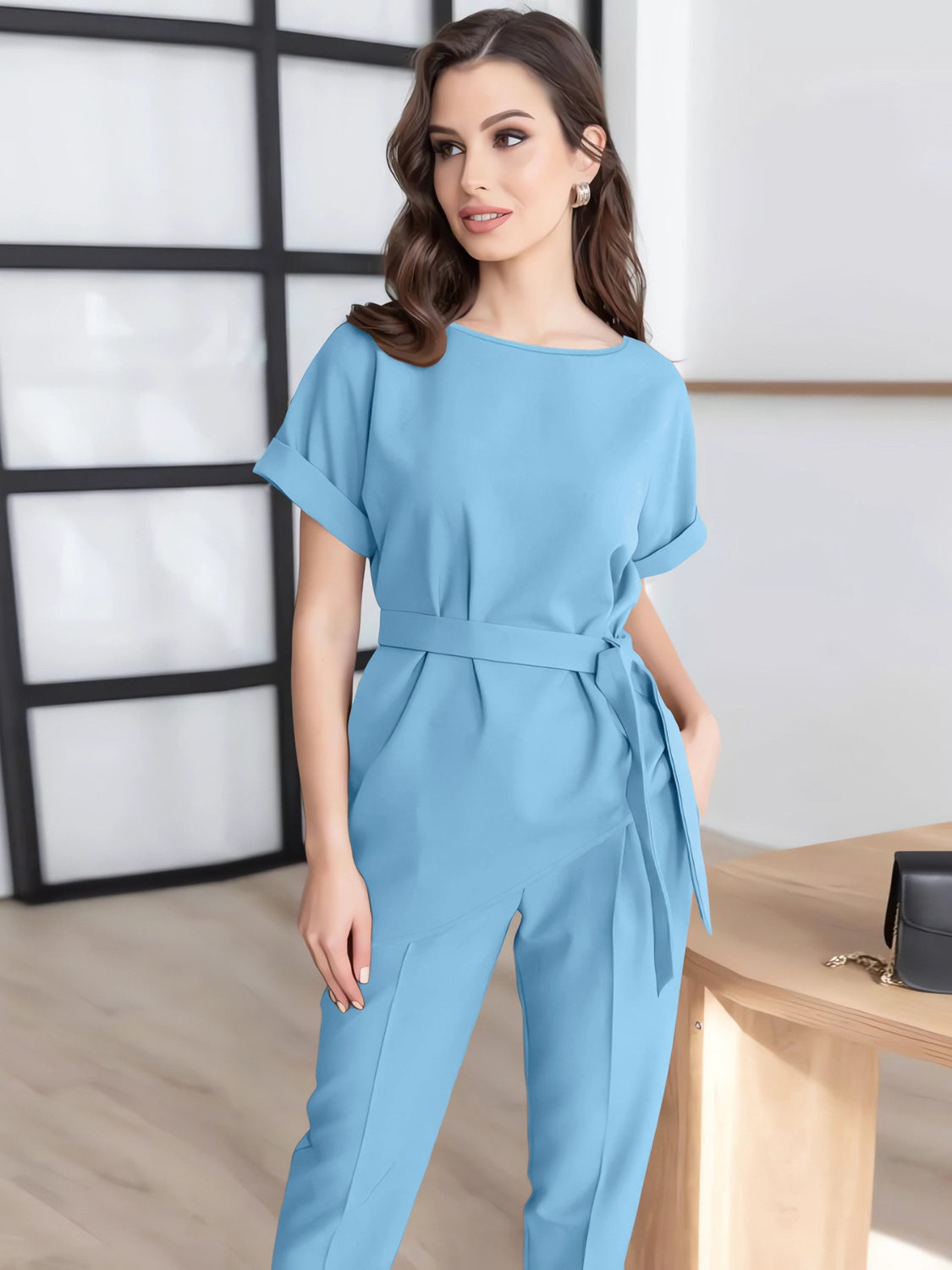 Round Neck Short Sleeve Top and Pants Set Women&