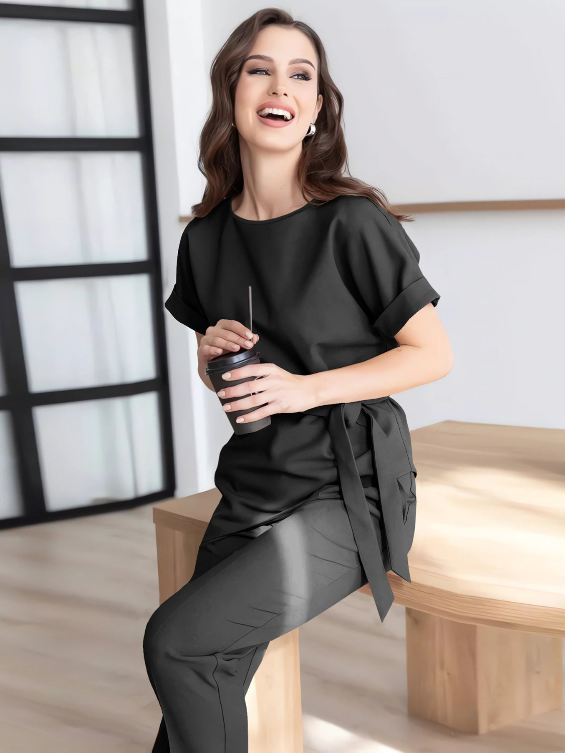 Round Neck Short Sleeve Top and Pants Set Women&