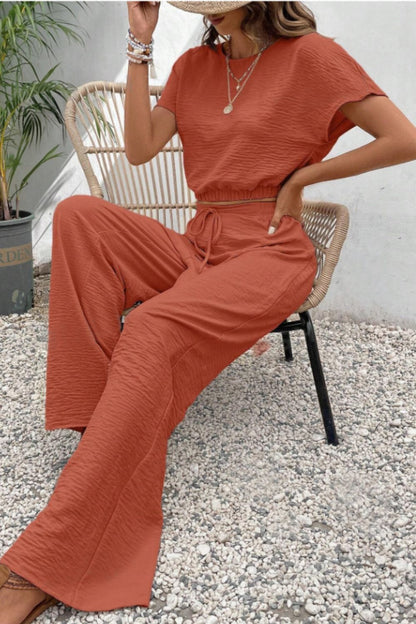 Round Neck Short Sleeve Top and Pants Set Women&