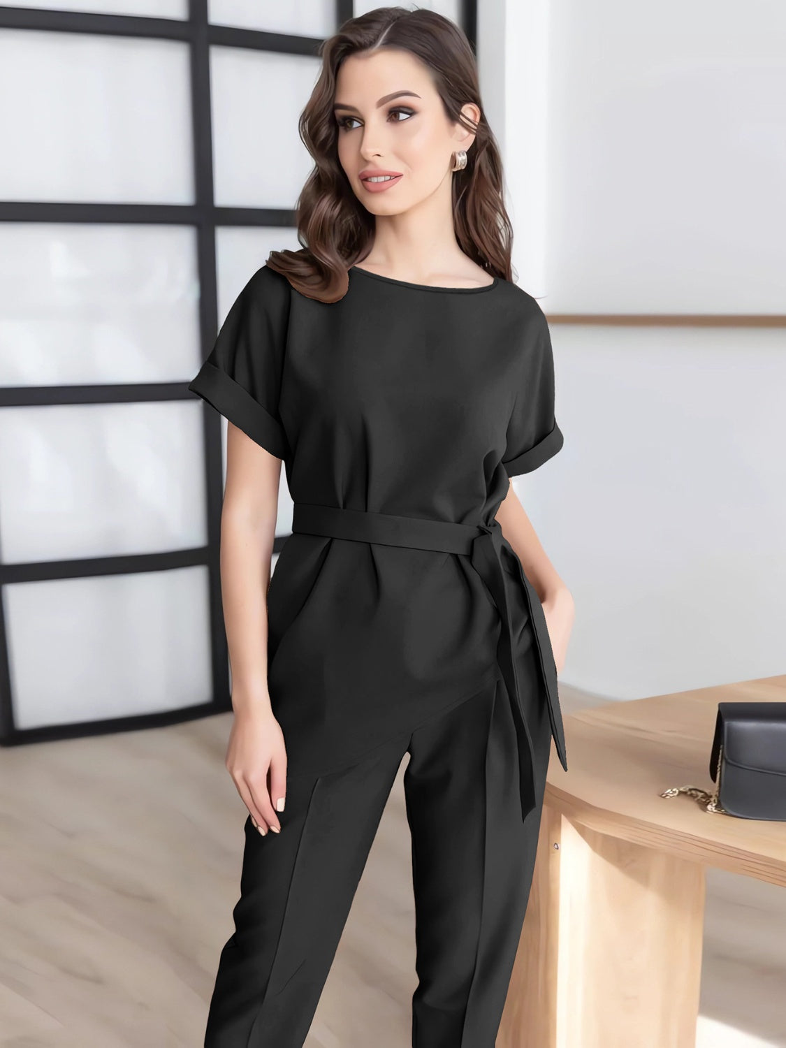 Round Neck Short Sleeve Top and Pants Set Women&