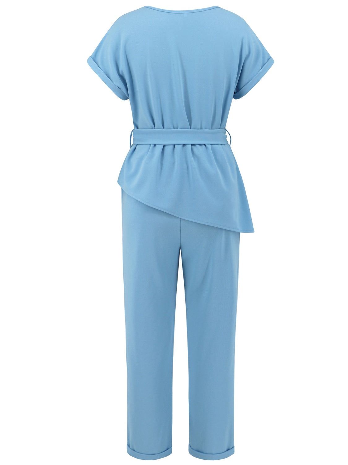 Round Neck Short Sleeve Top and Pants Set Women&