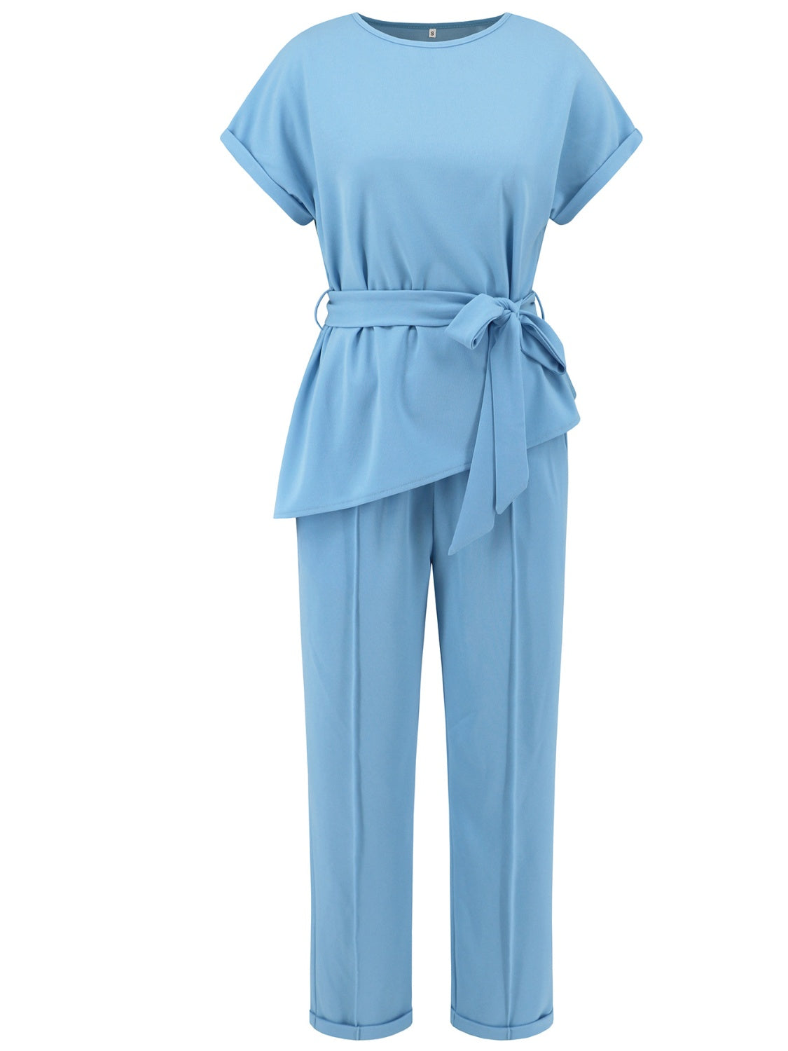 Round Neck Short Sleeve Top and Pants Set Women&