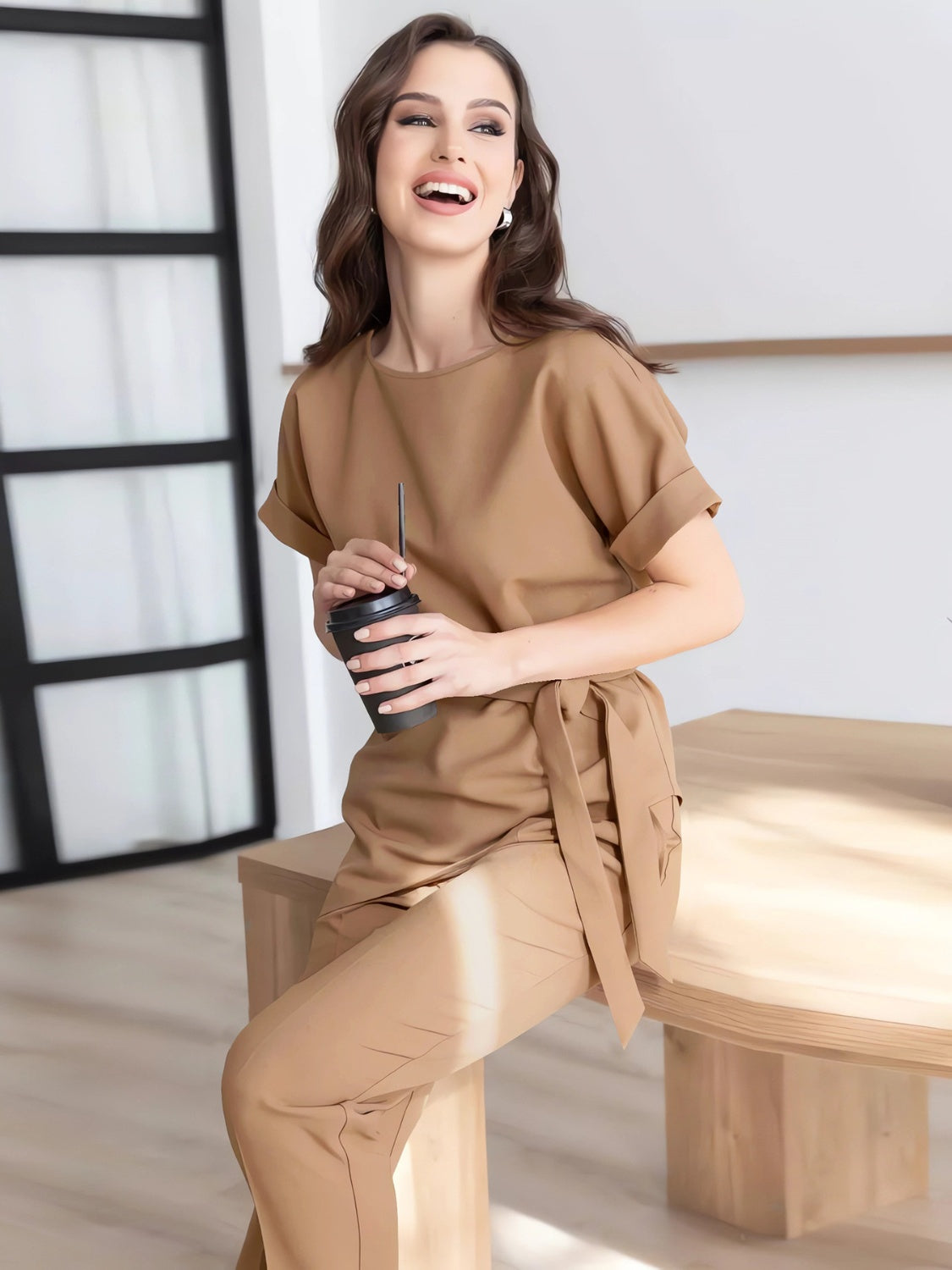 Round Neck Short Sleeve Top and Pants Set Women&