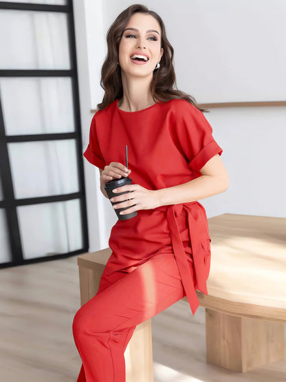 Round Neck Short Sleeve Top and Pants Set Women&