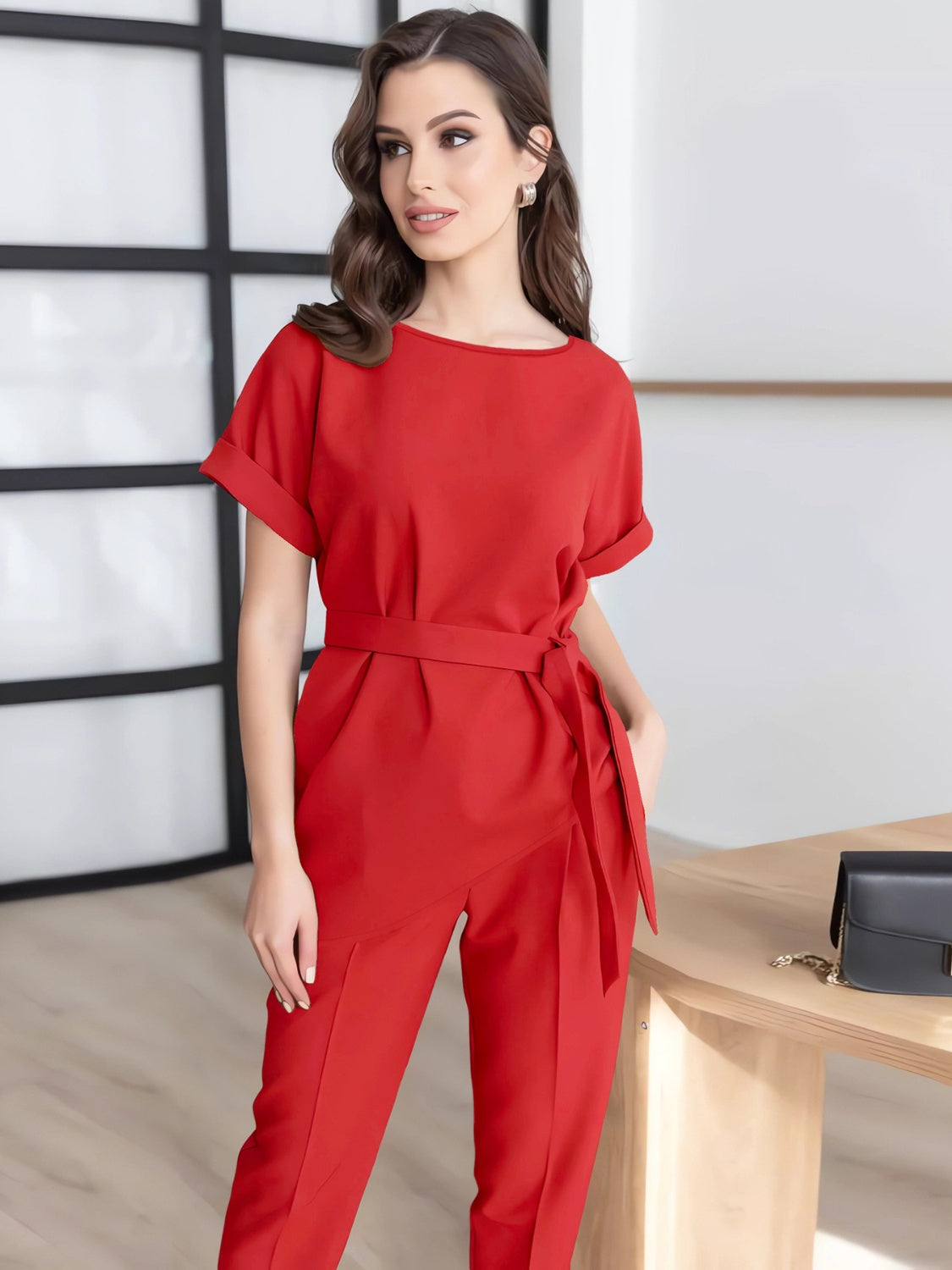 Round Neck Short Sleeve Top and Pants Set Women&