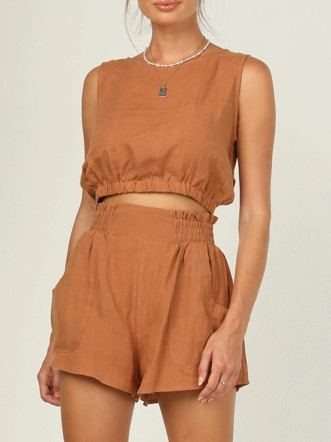 Round Neck Sleeveless Top and Shorts Set Caramel S Women&