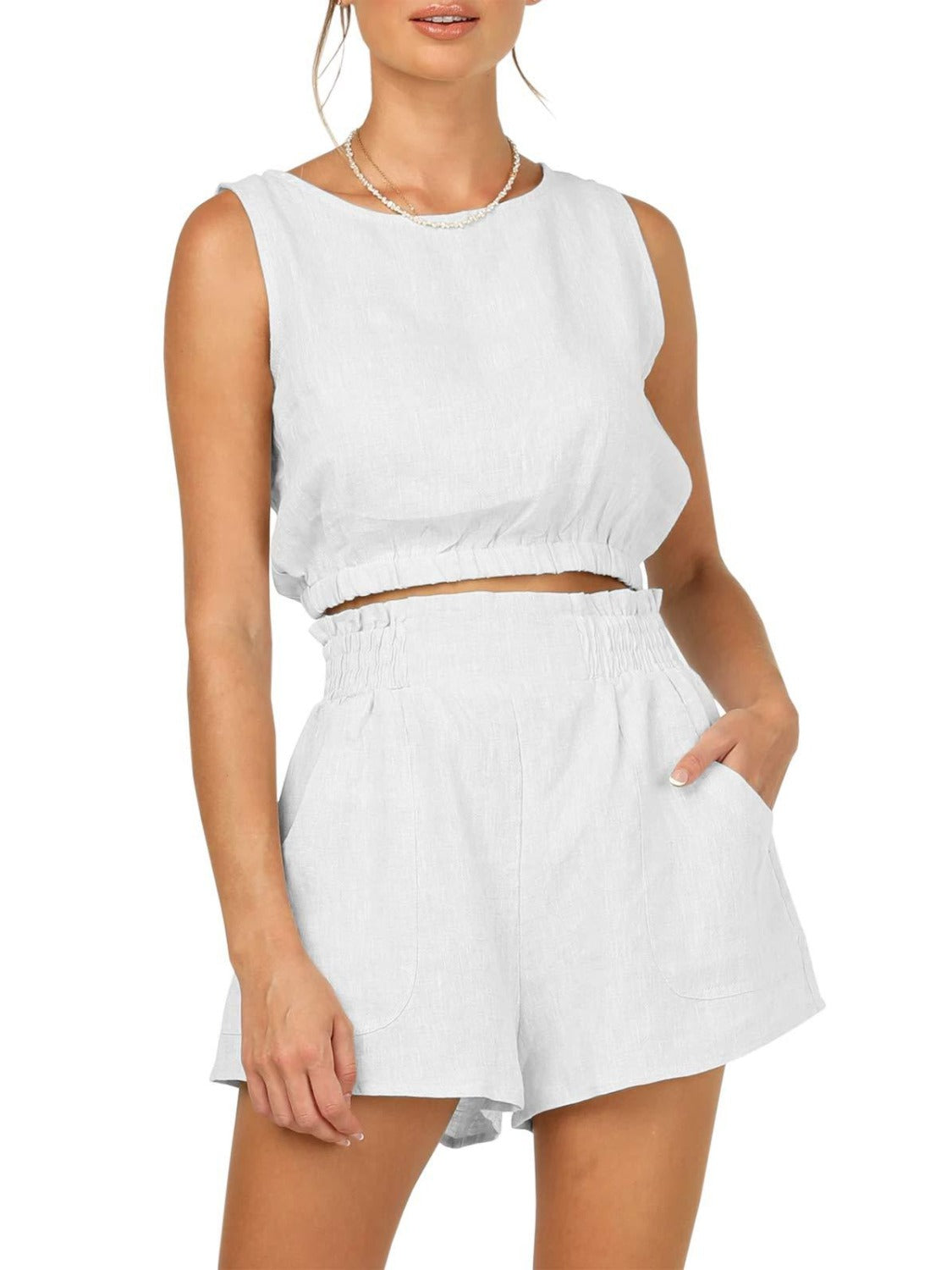 Round Neck Sleeveless Top and Shorts Set White S Women&