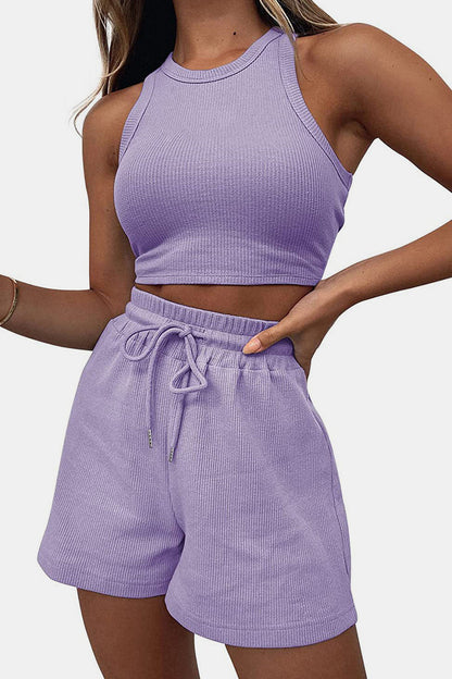 Round Neck Top and Drawstring Shorts Set Lavender S loun by Trendsi | Fleurcouture