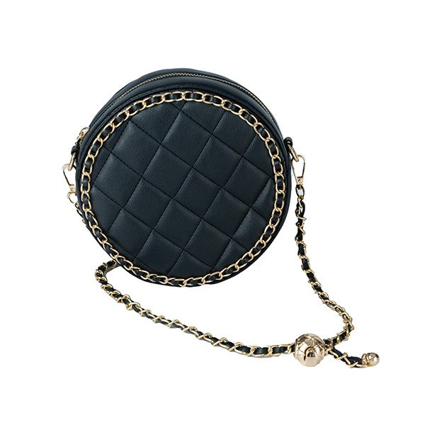 ROUND QUILTED CHAIN TRIM CROSSBODY BAG BLACK/BKBK Os by Bella Chic | Fleurcouture