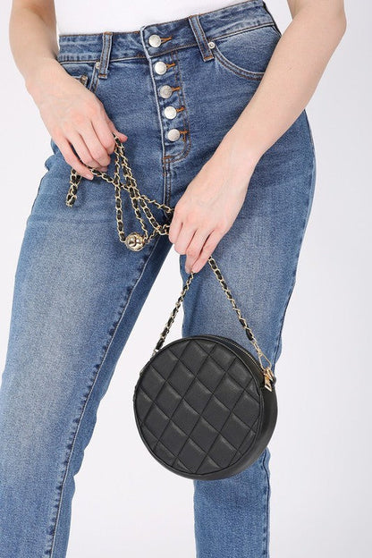 ROUND QUILTED CHAIN TRIM CROSSBODY BAG BLACK/BKBK Os by Bella Chic | Fleurcouture