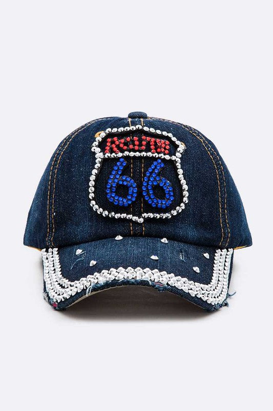 Route 66 Crystal Patch Denim Cap Dark Denim O/S by LA Jewelry Plaza | Fleurcouture