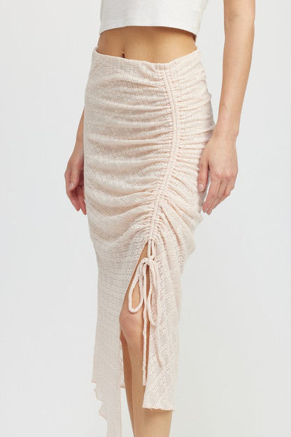 RUCHED LACE SKIT WITH HIGH SLIT by Emory Park | Fleurcouture