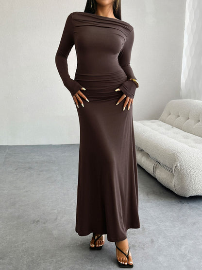 Ruched Long Sleeve Maxi Dress Coffee Brown S Women&