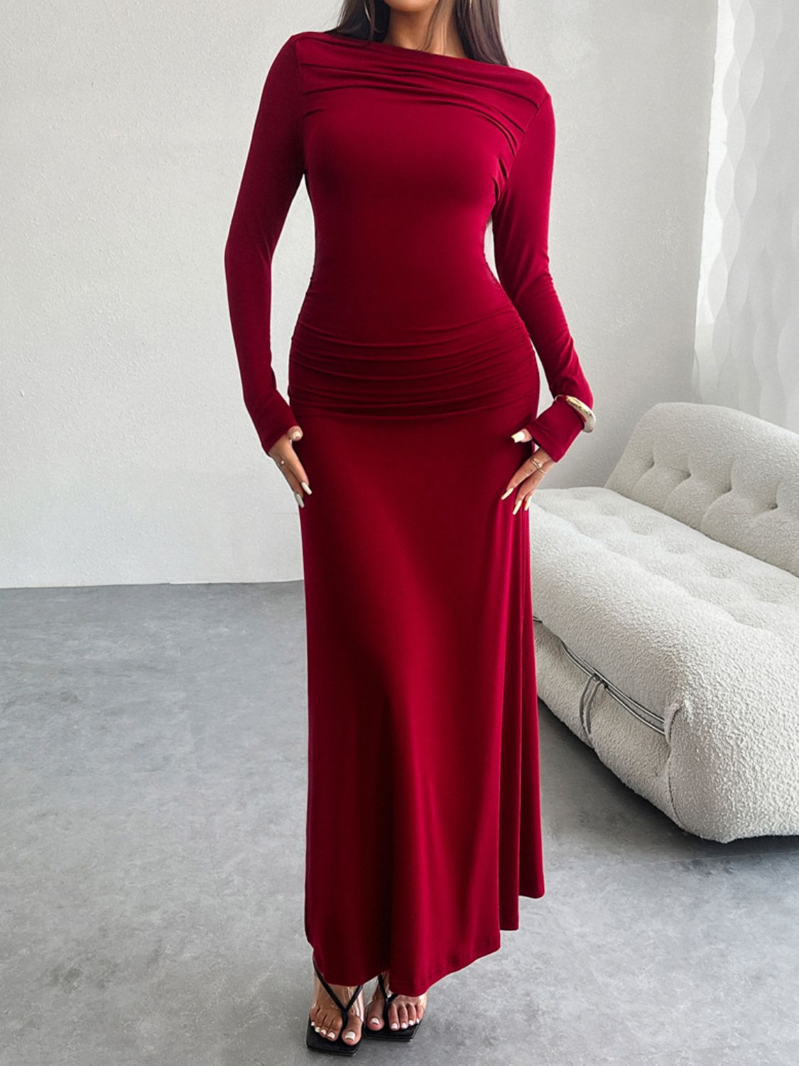 Ruched Long Sleeve Maxi Dress Scarlet S Women&