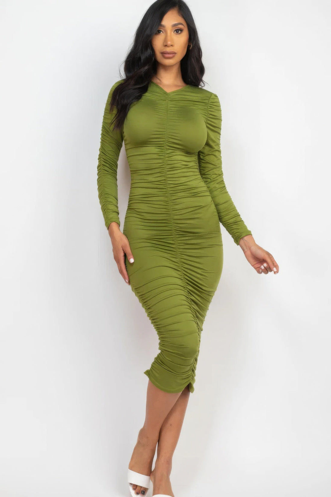 Ruched Long Sleeve Midi Dress by Fleurcouture | Fleurcouture