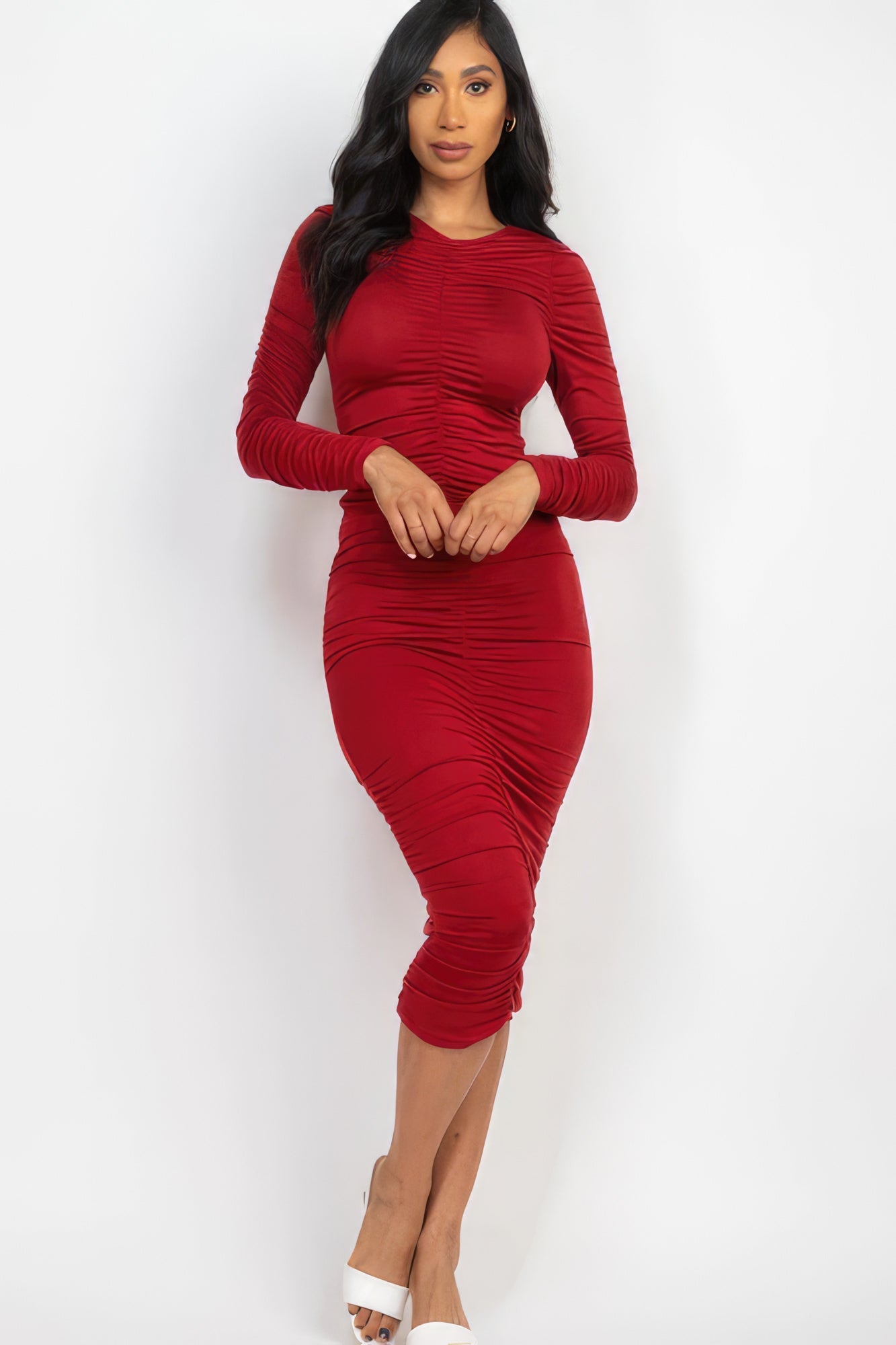 Ruched Long Sleeve Midi Dress by Fleurcouture | Fleurcouture